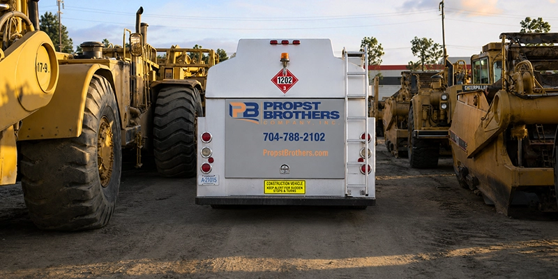 Propst Brothers commercial fuel truck providing on-site diesel fuel service at a construction equipment yard