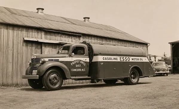 Vintage Propst Brothers Esso fuel delivery truck in Concord North Carolina from the 1930s